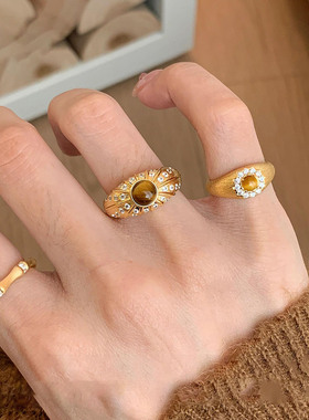 中古拉丝虎眼石戒指复古微镶锆石