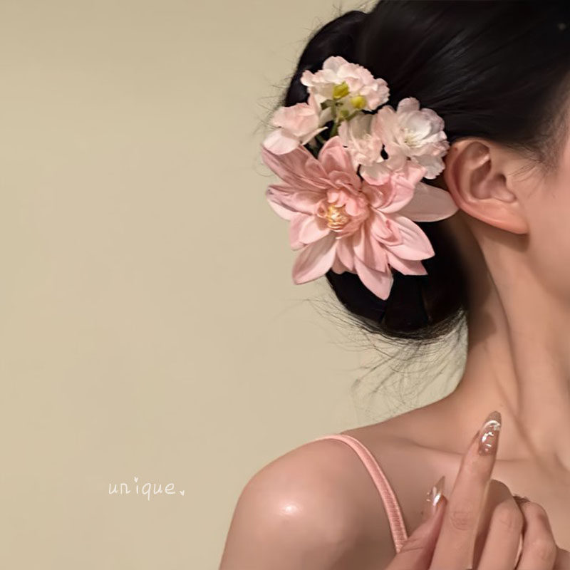 「春桃粉雾」超仙森系发夹唯美粉色花朵丝带侧边夹头饰海边度假风