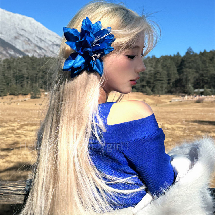 复古超仙氛围感发夹女蓝色花朵唯美新中式侧边夹发饰辣妹拍照头饰