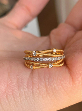 金色拉丝戒指缠绕排钻精致小众