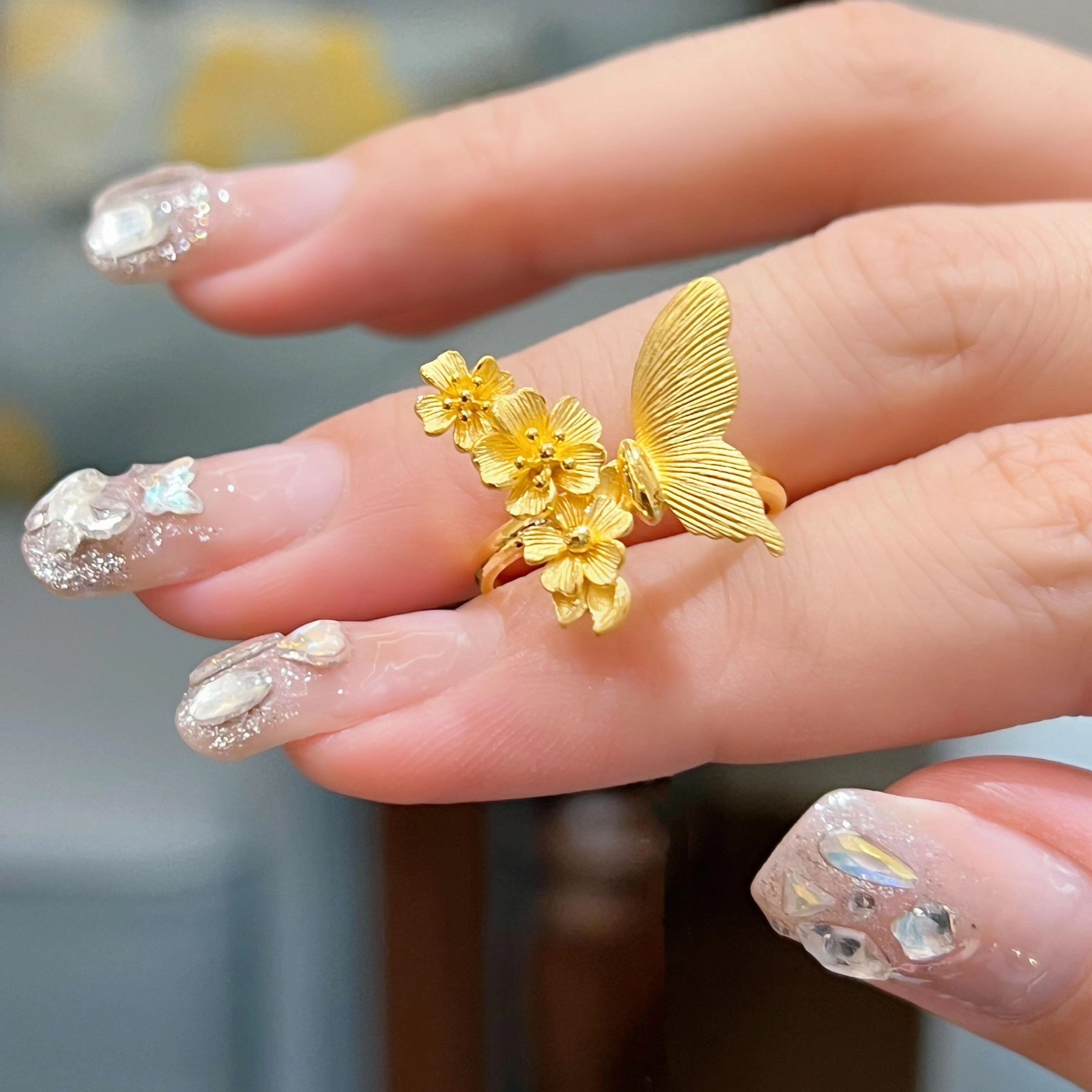 双生花戎蝴蝶戒指女高级感金色食指戒时尚百搭精致轻奢小众指环