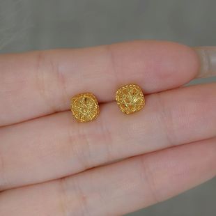 纯银耳钉花丝方糖金店同款耳环黄金色精致小巧女款高级感气质耳饰