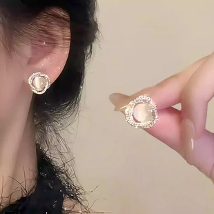 「私藏月亮湖」耳夹纯银耳钉无耳洞绝美猫眼石耳环女高级感蚊香盘