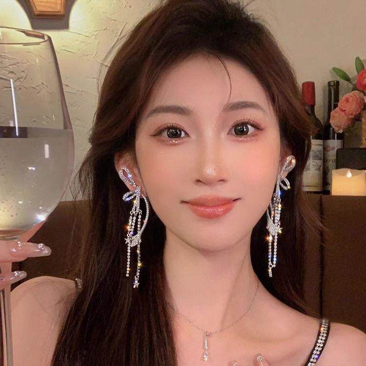 纯银耳钉显瘦甜美流苏蝴蝶结耳环女新娘婚纱配饰冷淡风高级感夸张
