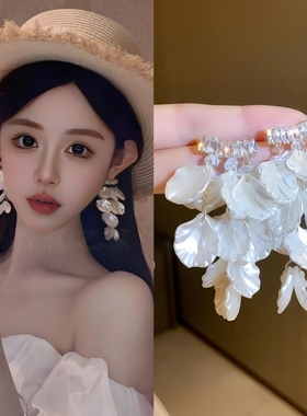 耳夹无耳洞纯银耳钉旅游度假耳环耳坠2025春夏新款白色流苏耳饰女