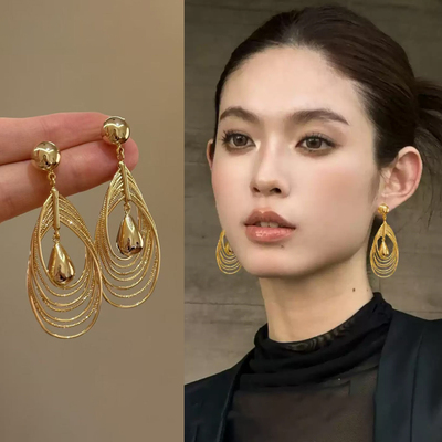 复古金色多层圈圈水滴女纯银耳钉