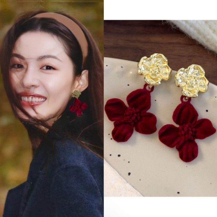 纯银耳钉钟楚曦同款耳环复古植绒花朵安可拉红耳饰耳坠女秋冬新款,饰品/流行首饰/时尚饰品新,耳环,淘宝优惠券,粉丝福利购,淘宝优惠卷