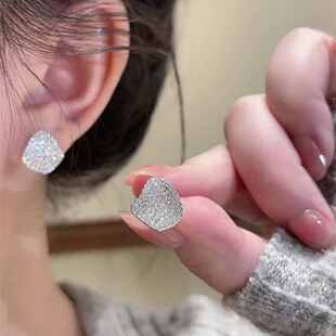 纯银耳钉S925方糖锆石女2025新款潮小众气质耳环东大门韩国耳饰