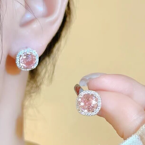 「玫瑰切」耳夹无耳洞纯银耳钉超闪粉色方糖水钻甜美气质高级耳饰,饰品/流行首饰/时尚饰品新,耳环,淘宝优惠券,粉丝福利购,淘宝优惠卷