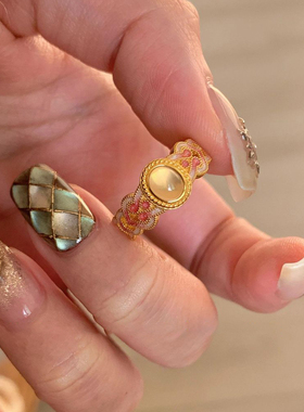 粉金珐琅古法国风戒指轻奢指环女