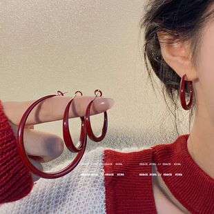 「真的好配」纯银耳钉复古安可拉红色耳圈耳环气质高级感大气耳饰