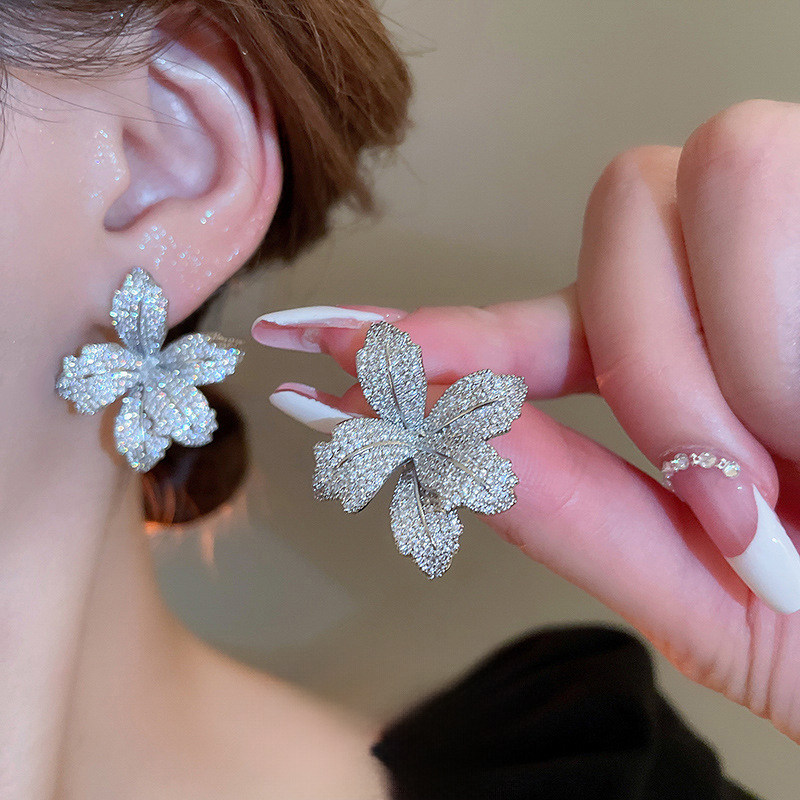 纯银耳钉欧美超闪满钻花朵精致高级感耳环简约轻奢气质耳饰新爆款