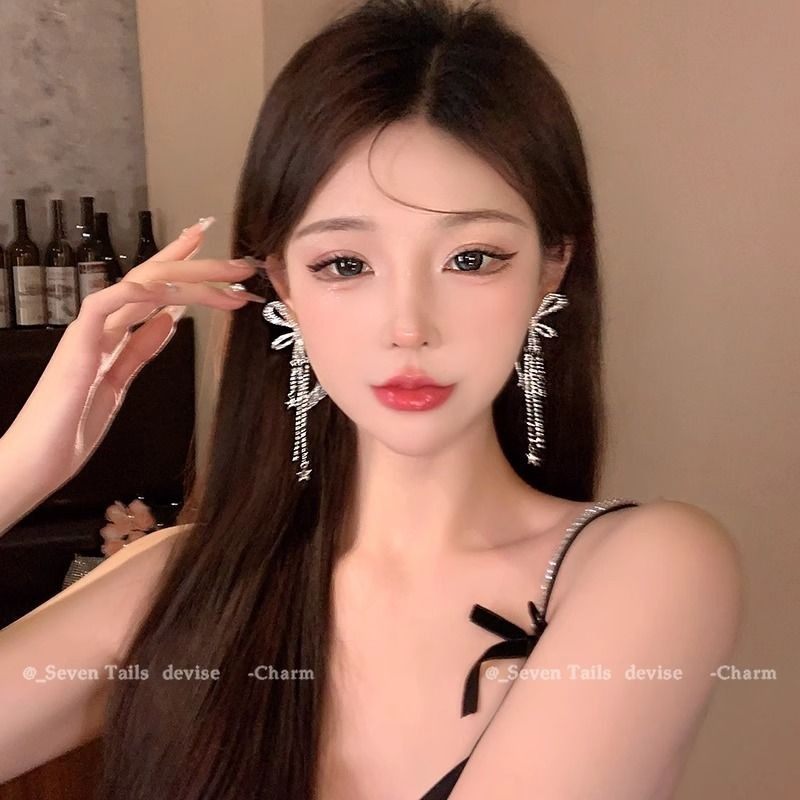耳饰耳钉轻奢高级飘带蝴蝶结闪钻耳环小众设计夸张女款流苏耳饰