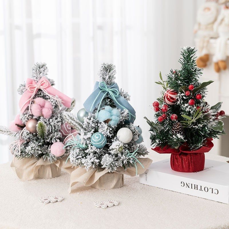迷你圣诞树桌面摆件家用小桌上植绒落雪圣诞节装饰品场景氛围布置