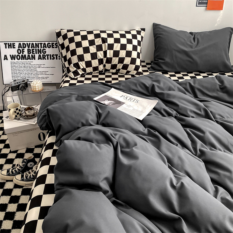 黑白棋盘格床上用品四件套水洗棉被套床单学生宿舍三件套3床笠款4