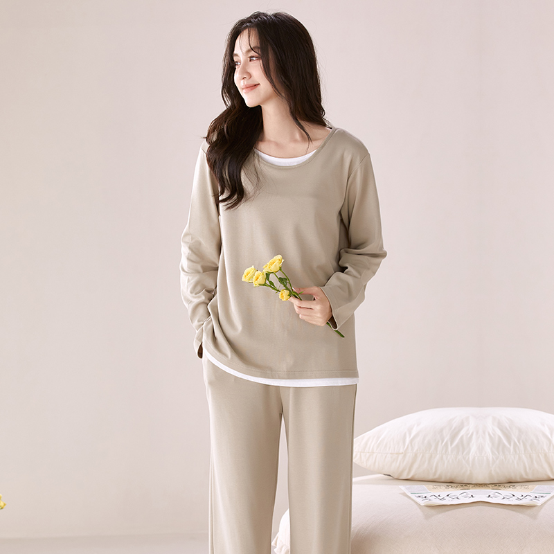 A类纯棉睡衣女春秋季长袖长裤两件套可外穿纯色4XL大码家居服套装