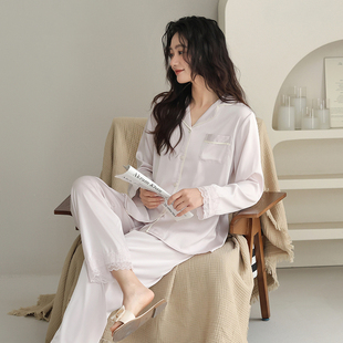 春秋季 宅家仪式 薄款 翻领亲肤透气家居服套装 感 冰丝睡衣女长袖 新款