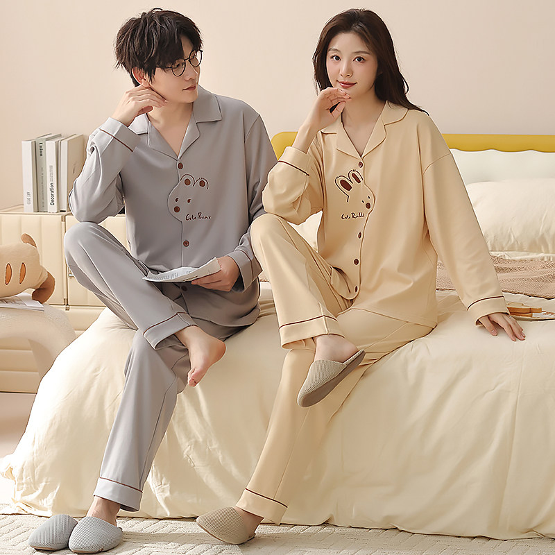 新款治愈系情侣睡衣女春秋季纯棉长袖卡通小狗开衫家居服男士套装