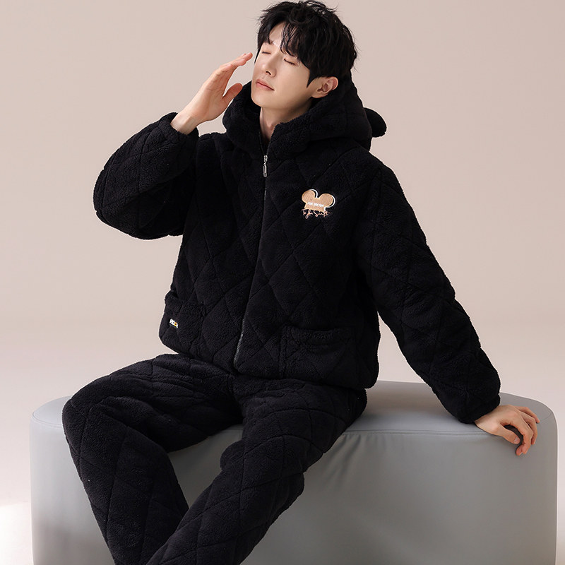 牛奶绒三层夹棉男士睡衣秋冬加厚保暖珊瑚绒连帽拉链家居服套装,女士内衣/男士内衣/家居服,睡衣/家居服套装,淘宝优惠券,粉丝福利购,淘宝优惠卷