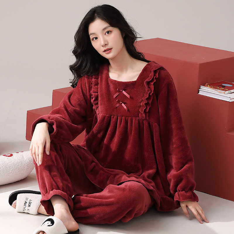 公主风珊瑚绒睡衣女秋冬红色本命年法兰绒加厚长袖喜庆家居服套装
