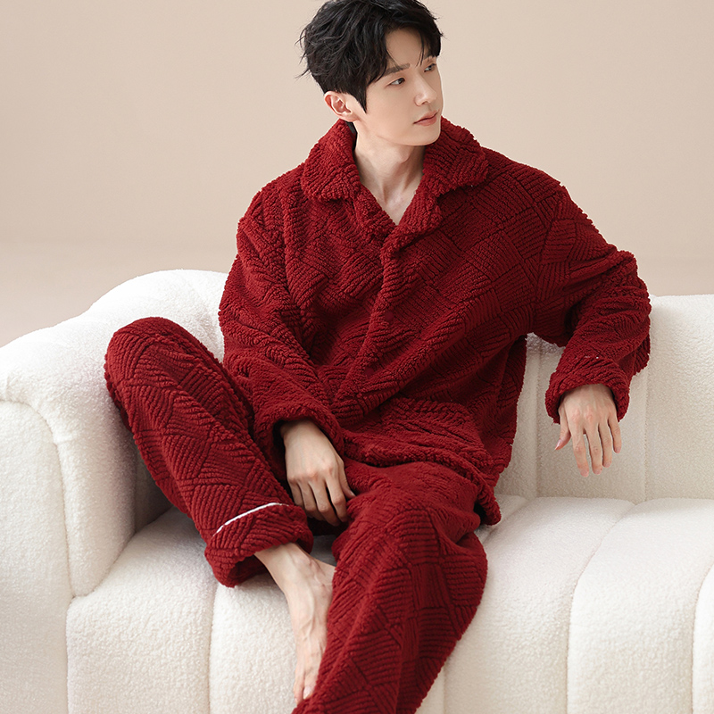 新款秋冬加厚珊瑚绒睡衣男士红色本命年法兰绒翻领保暖家居服套装
