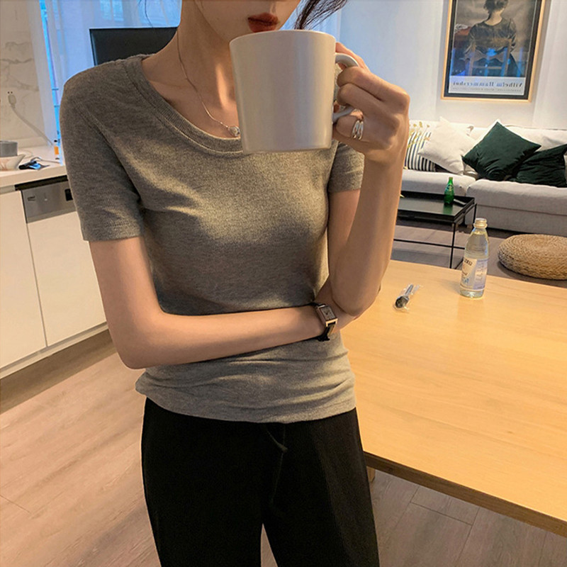 新品灰色正肩短袖t恤女夏季修身低领显胸打底衫女纯欲锁骨内搭上