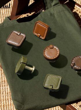 MRML中古风真皮拉手纯手工复古衣柜门拉手厨房圆形抽屉单孔小拉手