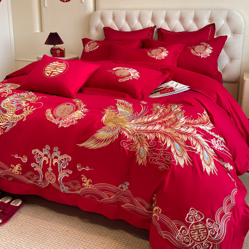 高档中式180支结婚四件套红色龙凤刺绣纯棉全棉被套床单婚庆床品4,床上用品,婚庆床品套件,淘宝优惠券,粉丝福利购,淘宝优惠卷