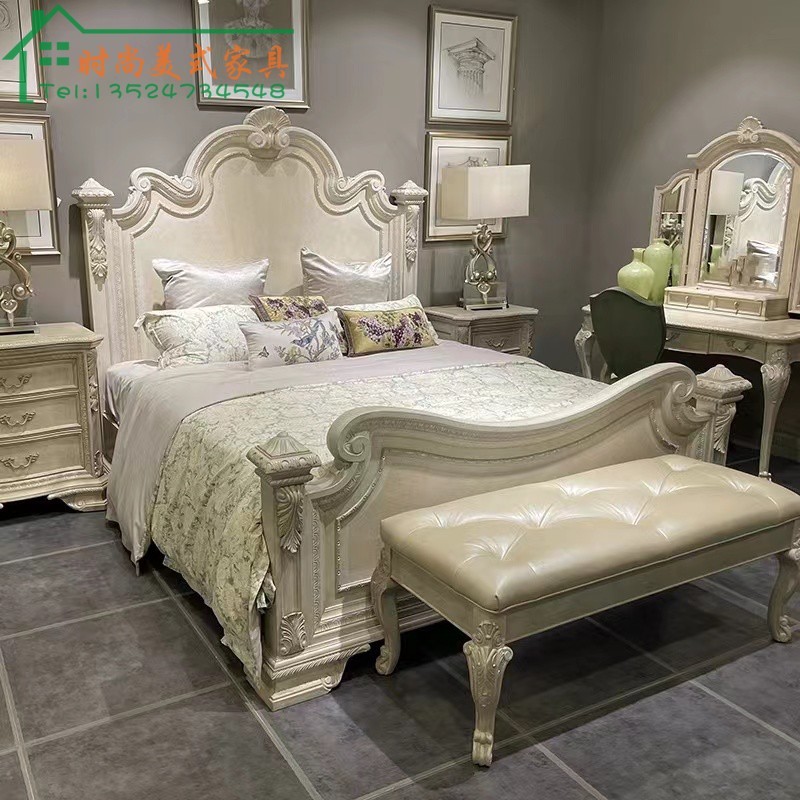 现货美式ART家具复兴印记实木床1.8米复古床雕花做旧高背双人床