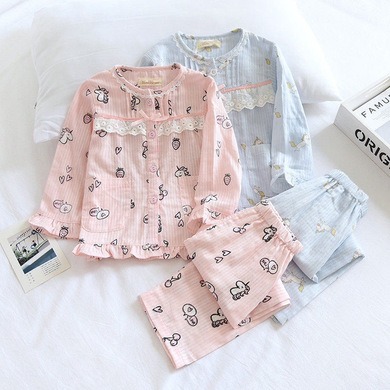 春秋夏薄款纯棉纱布女童长袖公主亲子儿童睡衣套a类空调服家居服