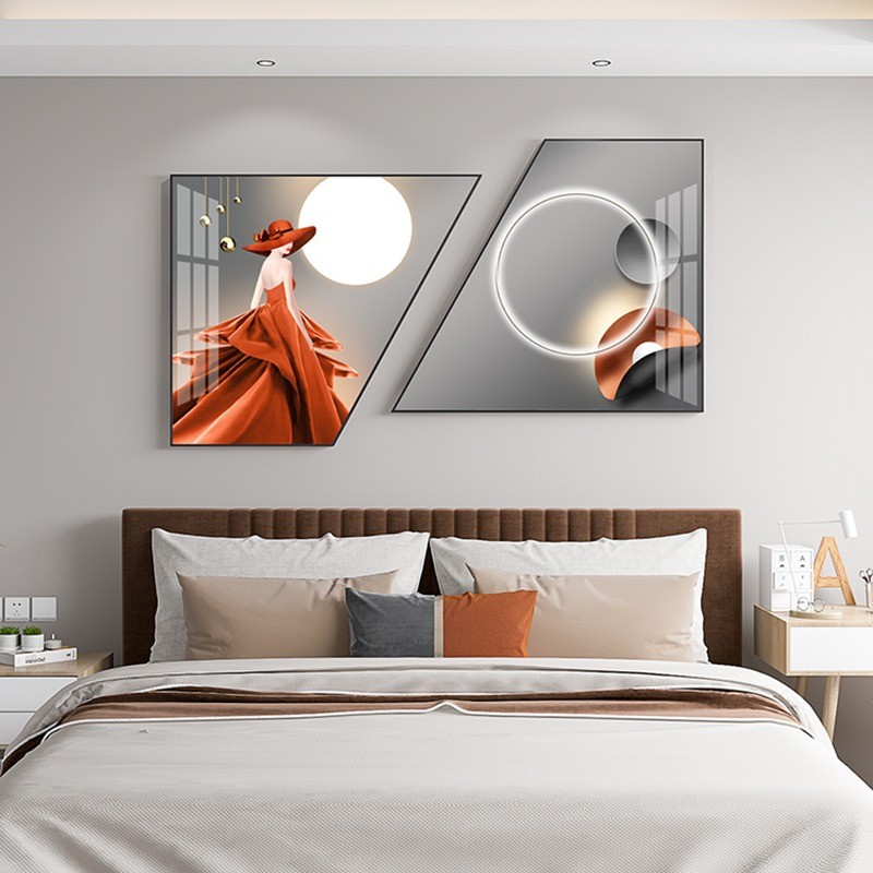 现代简约卧室床头装饰画梯形人物房间背景墙挂画轻奢墙面壁画组合图片