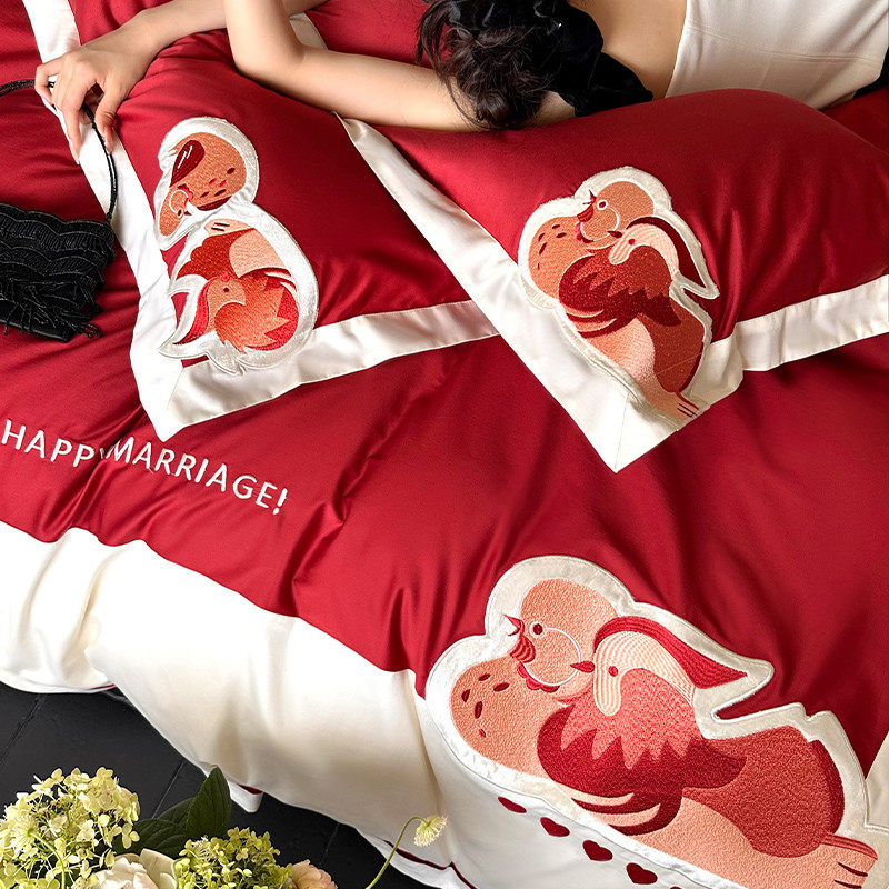 新年婚庆床品四件套全棉100S鸳鸯刺绣拼接红色结婚被套床单床笠款,床上用品,婚庆床品套件,淘宝优惠券,粉丝福利购,淘宝优惠卷
