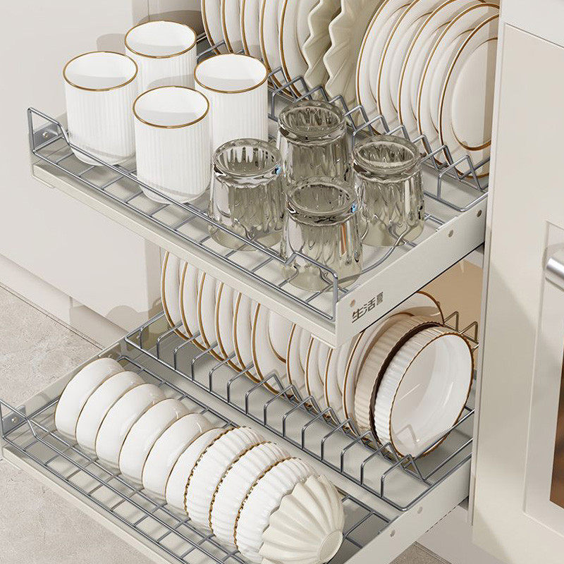 厨房橱柜拉篮碗碟置物架不锈钢碗盘收纳架抽屉式免打孔安装碗厂家