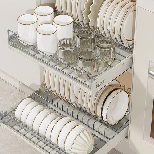 厨房橱柜拉篮碗碟置物架不锈钢碗盘收纳架抽屉式免打孔安装碗厂家