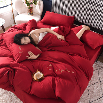 简约四件套大红色刺绣被套婚房喜庆床笠婚庆床上用品三件套
