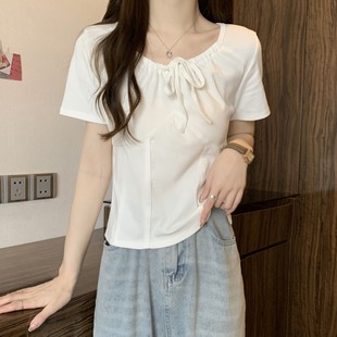复古漂亮小衫 大码 胖mm法式 鱼骨显瘦短款 设计感短袖 新品 T恤女夏季