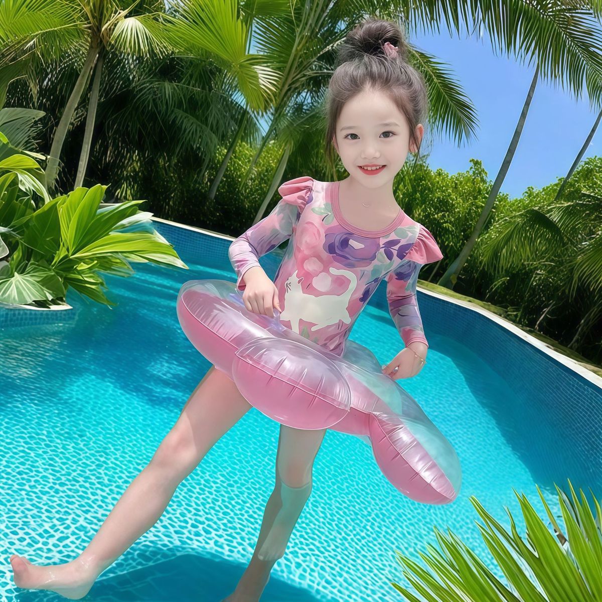女童连体泳装2025新款洋气女宝宝长袖防晒透气速干儿童小女孩泳衣