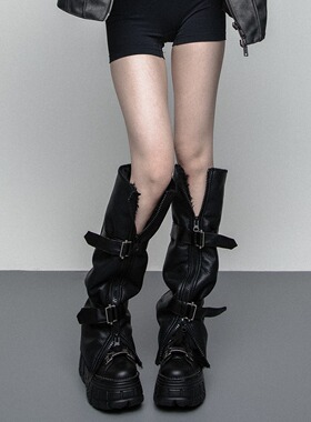 SS2L暗黑辣妹风金属扣绑带皮质毛绒拉链开叉加厚保暖腿套袜套靴套