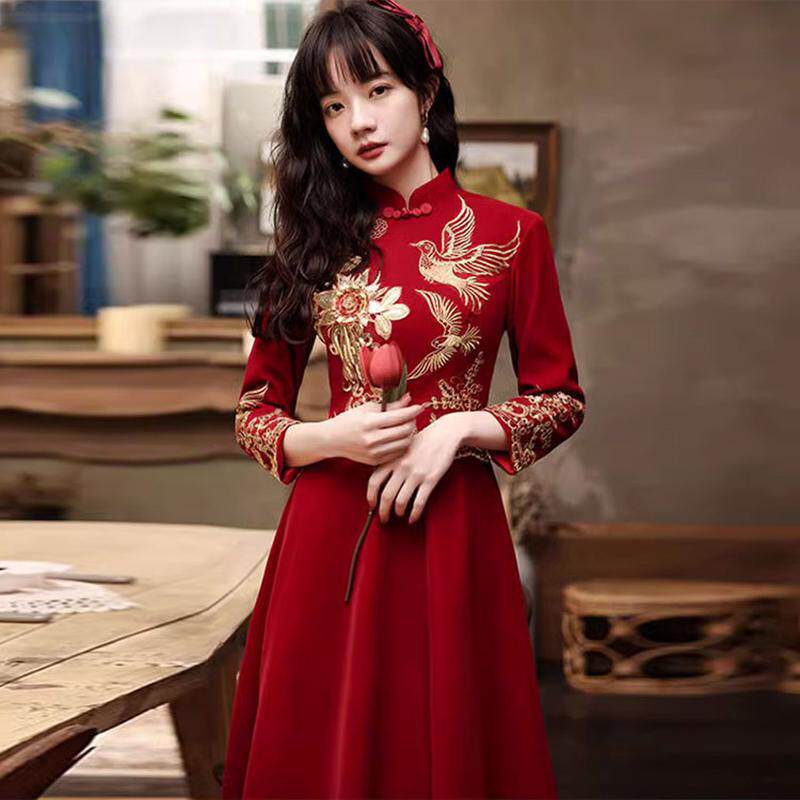 大码胖mm孕妇酒红色中式改良新娘遮肚子结婚裙