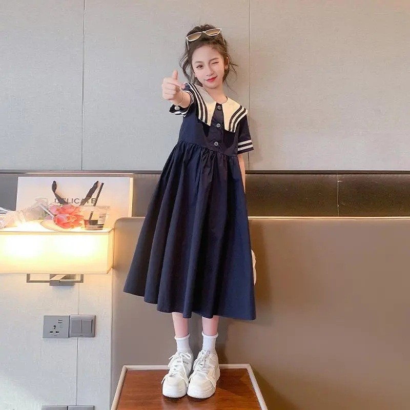 女童裙子夏2025新款女大童洋气长裙学院风领过膝小学生连衣裙