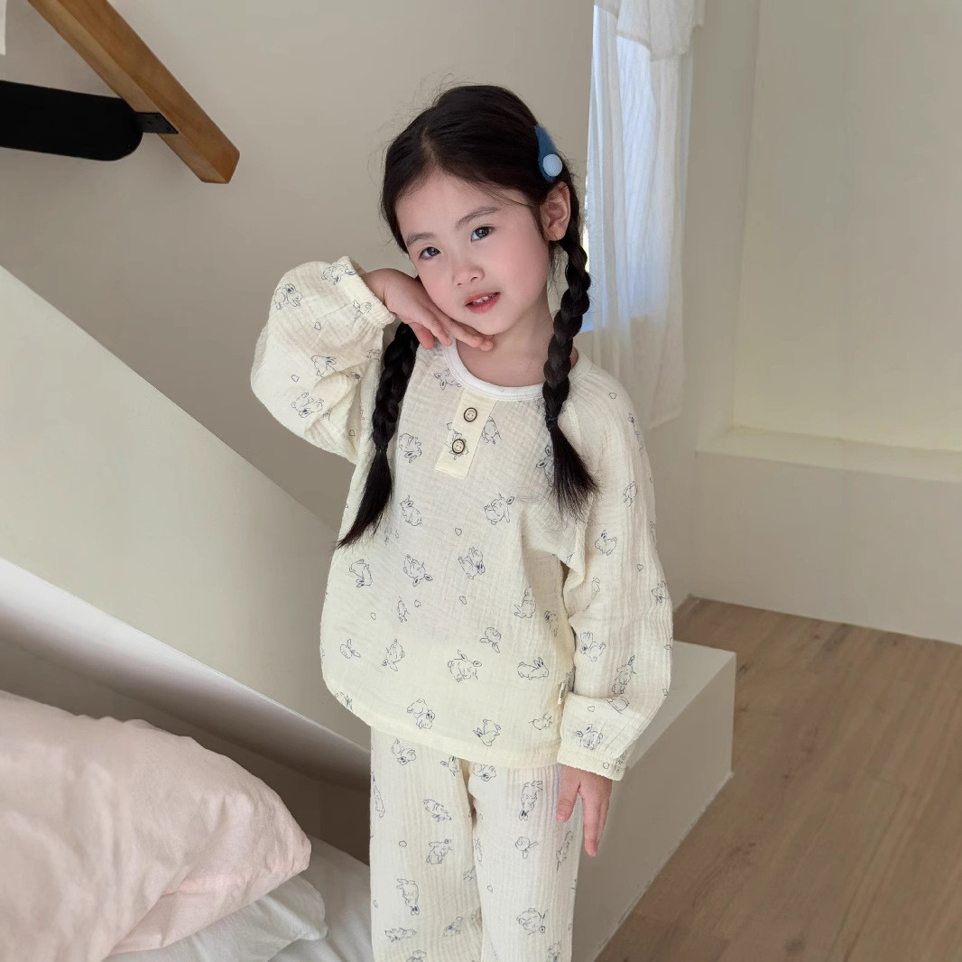 2025新款儿童无骨纯棉纱布睡衣春夏棉纱家居服女孩宽松长袖空调服