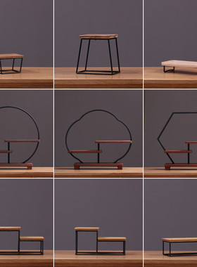 禅意实木置物架摆件创意桌面饰品茶几铁艺方格子中式博古架工艺品