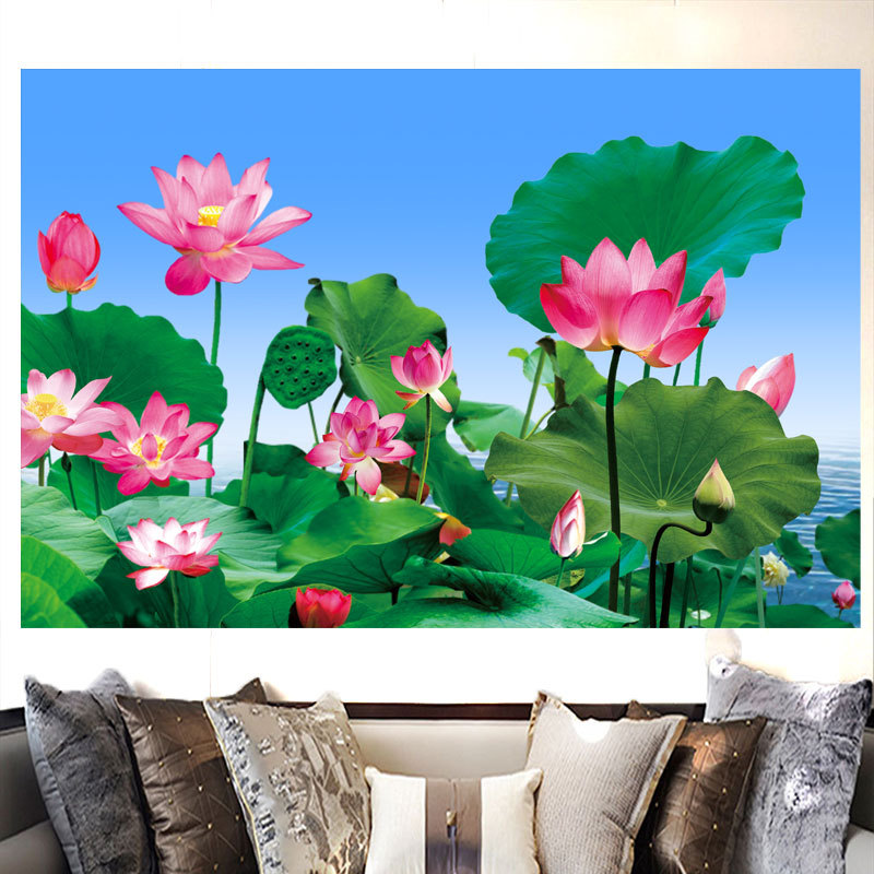 荷花荷叶办公室客厅背景墙装饰画莲花生财山水招财壁画海报贴纸画图片