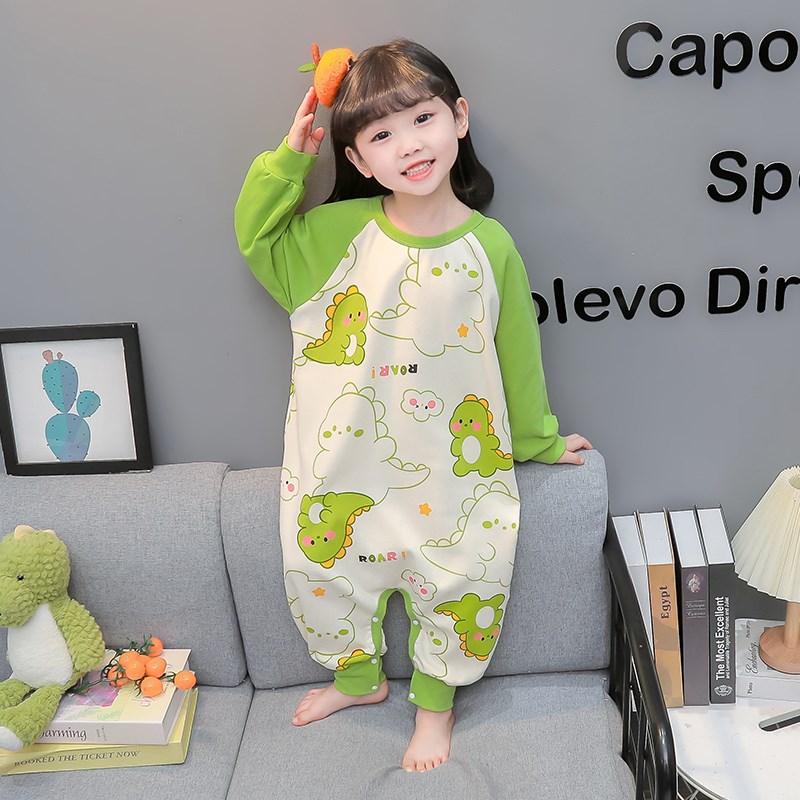 儿童纯棉连体睡衣秋季女童卡通防踢家居服保暖睡袋宝宝空调服秋冬