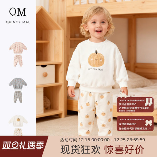 Quincy Mae童装秋冬新款可爱印花圆领绒里针织长袖卫衣套装