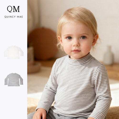 Quincy Mae儿童半高领打底衫秋冬新款条纹长袖T恤男童女童上衣