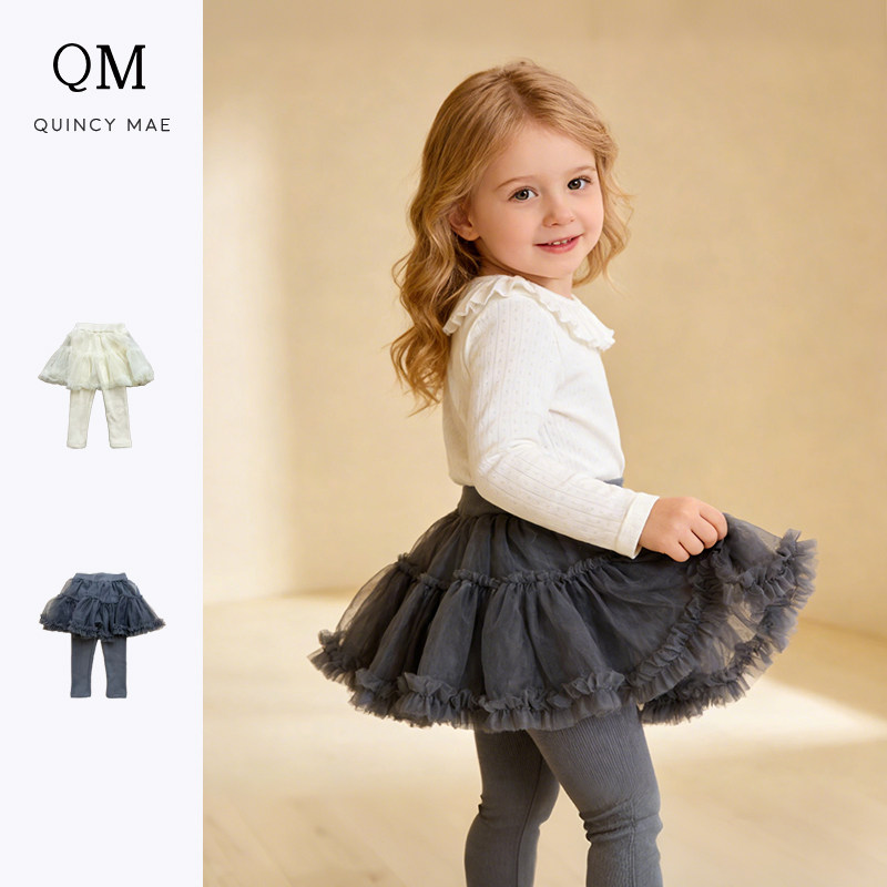 Quincy Mae纱裙假两件打底裤针织百搭女童裤子加绒网纱长裤外穿,童装/婴儿装/亲子装,打底裤,淘宝优惠券,粉丝福利购,淘宝优惠卷