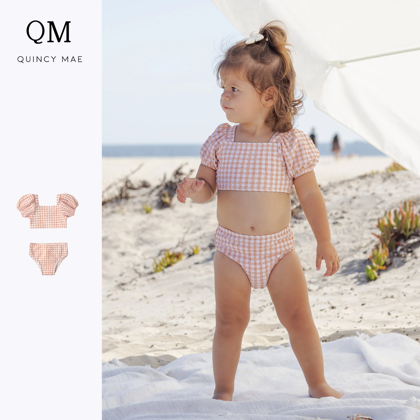 QuincyMae儿童泳衣女童碎花连体泳衣荷叶边甜美比基尼泳衣遮阳帽