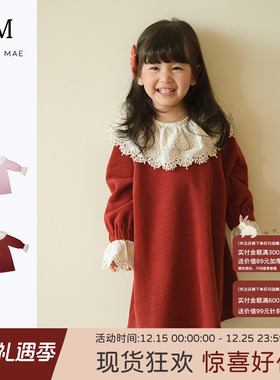 Quincy Mae秋冬新款宝宝蕾丝披肩连衣裙厚款可爱公主裙儿童