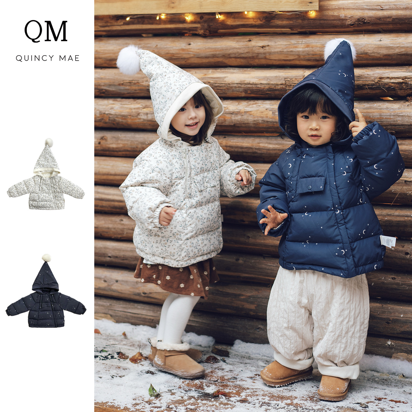 Quincy Mae精灵连帽羽绒服碎花棉服男女冬加厚可拆卸帽子羽绒服